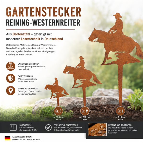 Gartenstecker Reining-Westernreiter aus Cortenstahl Rost-Optik